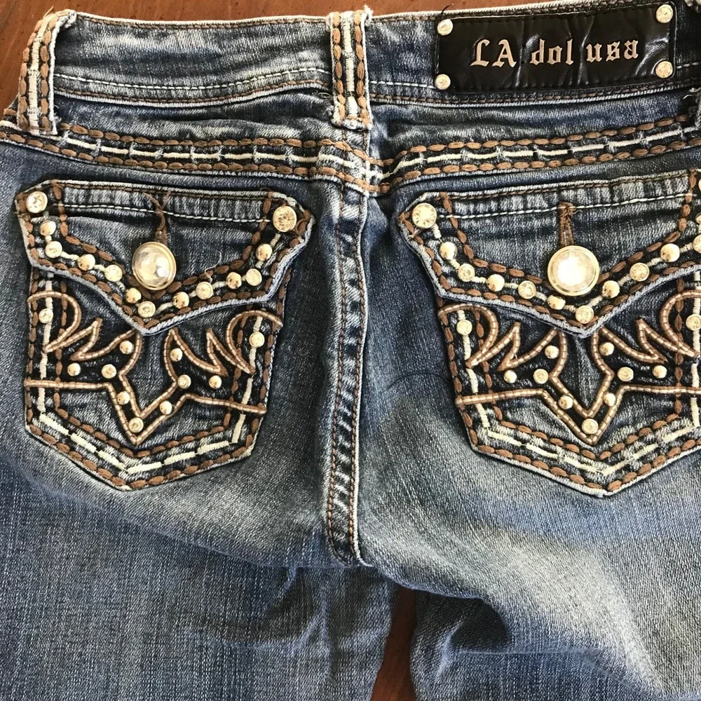 LA Idol USA Capri Jeans Womens 3 Blue‎ Medium Wash Denim Embellished Pockets